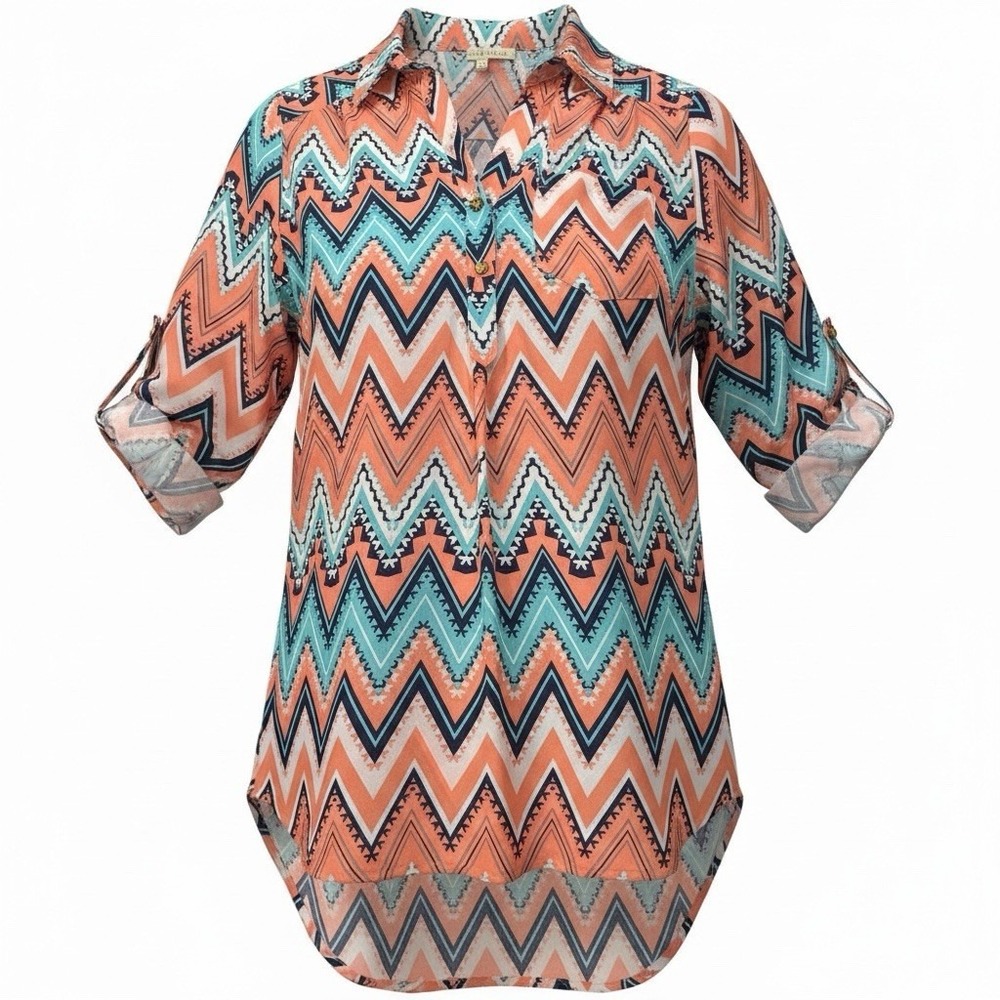 Wishful Park Boho Chevron Tunic Blouse Coral Teal Zig Zag XL Roll Tab Sleeve
